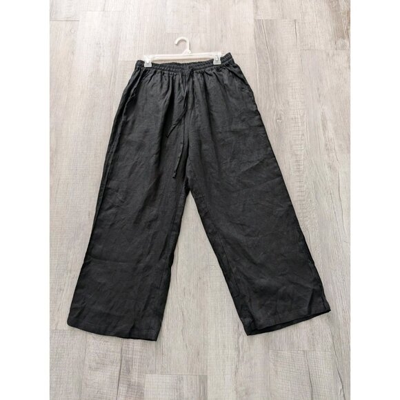 100% linen Black Wide Leg pants Highrise Drawstring Pockets Sz Lg 28Stretchyx24 - Picture 1 of 10